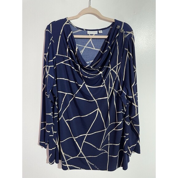 Susan Graver Top 2X Blue Geometric Liquid Knit Cocktail Office Artsy Brunch - Picture 1 of 9